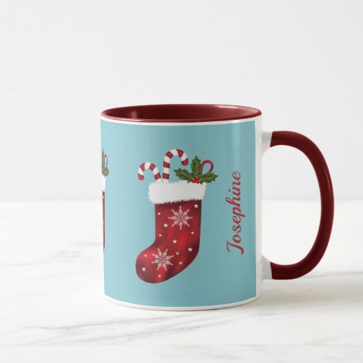 Rode kerstkussen op blauw met aangepaste naam mok (Rechts)