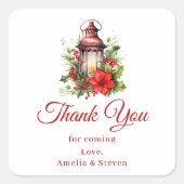 Rode Kerstlantaarn Poinsettia Dank u Vierkante Sticker (Voorkant)