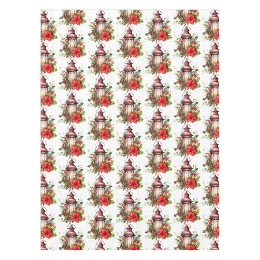 Rode Kerstlantaarn Poinsettia en Pin Pattern Tafelkleed (Voorkant)