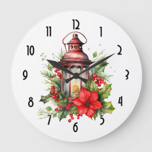 Rode Kerstlantaarn Poinsettia en Pine Grote Klok