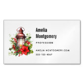 Rode Kerstlantaarn Poinsettia en Pine Magnetisch Visitekaartje (Voorkant)