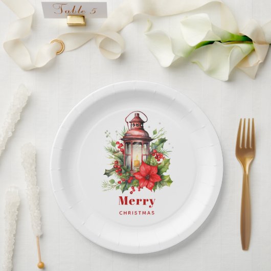 Rode Kerstlantaarn Poinsettia en Pine Papieren Bordje (Huwelijk)