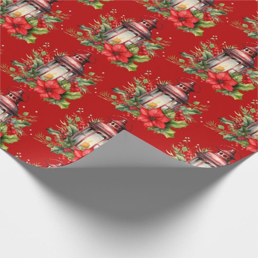 Rode Kerstlantaarn Poinsettia en Pine Pattern Cadeaupapier (Hoek)