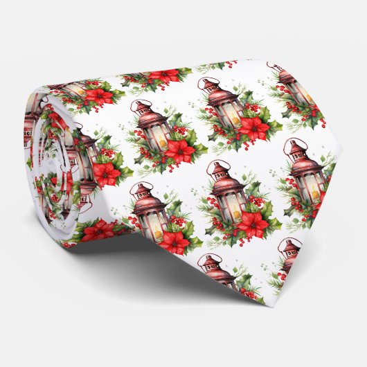 Rode Kerstlantaarn Poinsettia en Pine Pattern Stropdas (Opgerold)