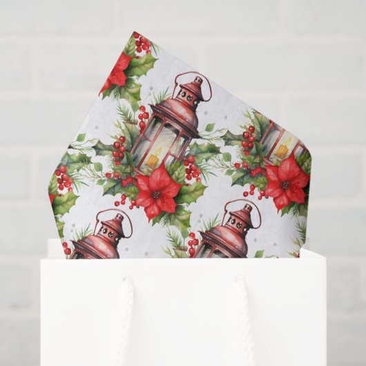 Rode Kerstlantaarn Poinsettia en Pine Pattern Tissuepapier (Cadeauzakje)