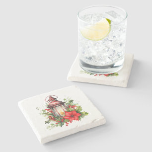 Rode Kerstlantaarn Poinsettia en Pine Stenen Onderzetter