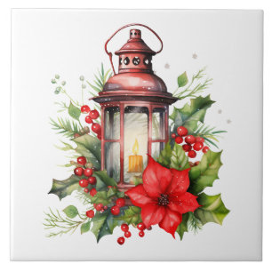Rode Kerstlantaarn Poinsettia en Pine Tegeltje