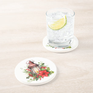 Rode Kerstlantaarn Poinsettia en Pine Zandsteen Onderzetter