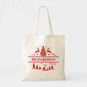 Rode Kerstmis familienaam Aangepaste naam Monogr Tote Bag