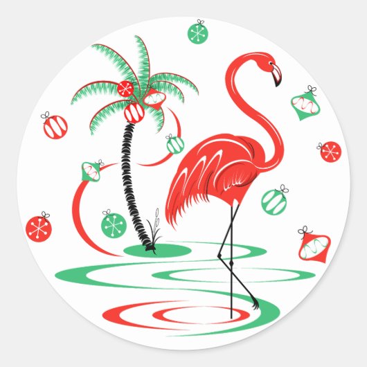 Rode Kerstmis Flamingo Baubles sticker rond (Voorkant)