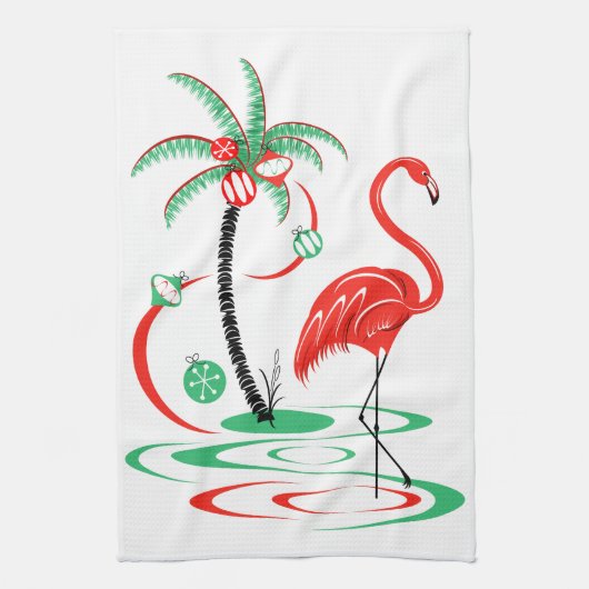 Rode Kerstmis Flamingo keukenhanddoek (Verticaal)