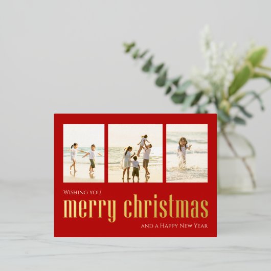 Rode Kerstmis Fotocollagekaart Folie Feestdagen Briefkaart (Staand Voorkant)