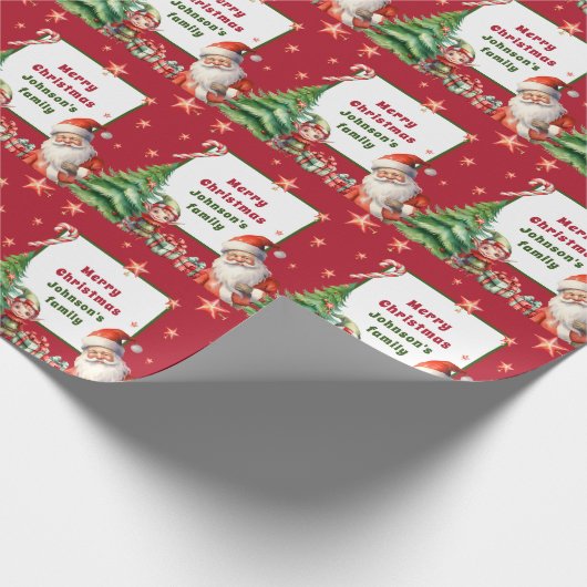 Rode Kerstmis Gepersonaliseerde Kerstman en Elf Cadeaupapier (Hoek)