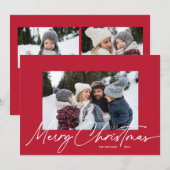 Rode Kerstmis Kalligrafie Script Eenvoudige 3 Foto Feestdagenkaart (Voorkant / Achterkant)