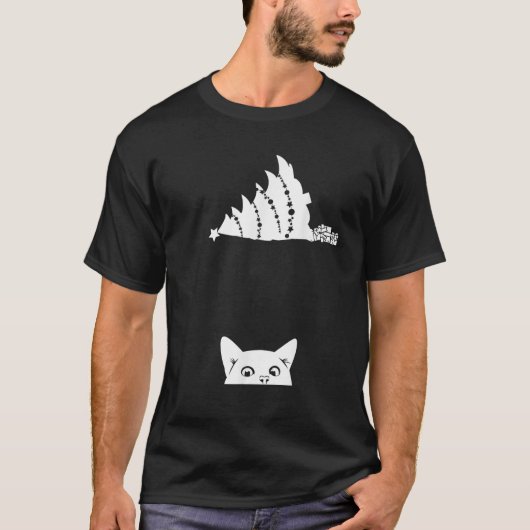 Rode Kerstmis Kat Tipping Kerstboom Over Meowy Kat T-shirt (Voorkant)