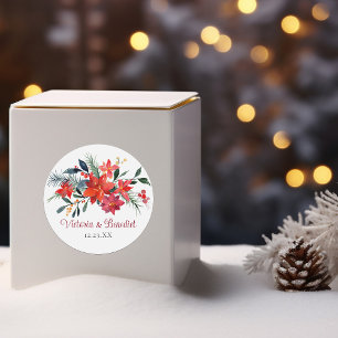 Rode Kerstmis Poinsettia Elegant Floral Wedding Ronde Sticker