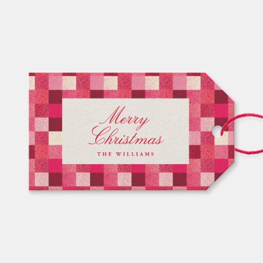 Rode Kerstmis Sparkle Checkered Gift Label Cadeaulabel (Voorkant (Horizontaal))