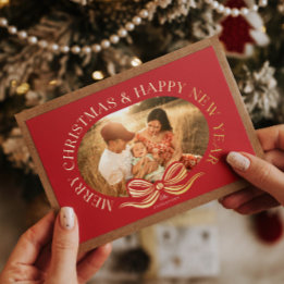 Rode Kerstmis Strik Gouden Folie Vakantiekaart Uitnodiging
