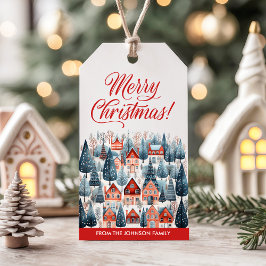 Rode Kerstmis Winterdorp Vakantie Cadeaulabel