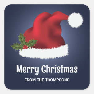 Rode Kerstmuts op Blauw met Aangepaste Tekst Vierkante Sticker
