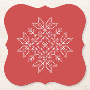 Rode kerstsnowflake noordse kunst kartonnen onderzetters