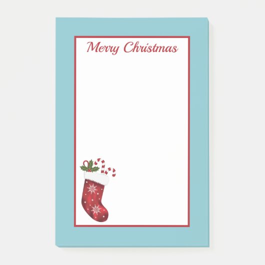 Rode Kerstsok Met Blauwe En Aangepaste Tekst Post-it® Notes (Voorkant)