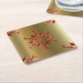 Rode kerststerren op goud vierkante kartonnen onderzetter (Schuin)