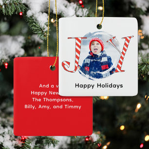 Rode Kerststrepen Foto Joy Typografie Keramisch Ornament