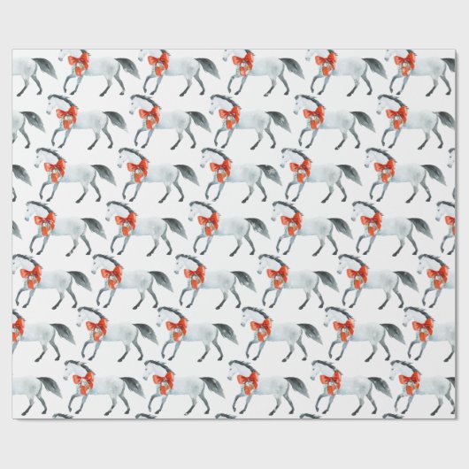 Rode kerststrikken op witte paarden wit cadeaupapier (Vlak)
