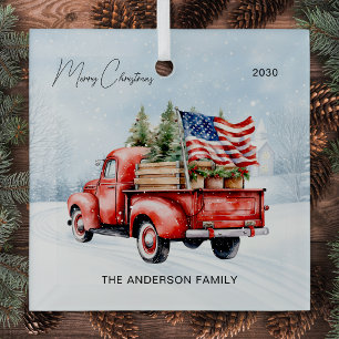 Rode Kersttruck Boerderij USA Vlag Glas Ornament