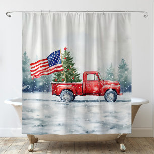 rode kersttruck kerstboomvlag douchegordijn