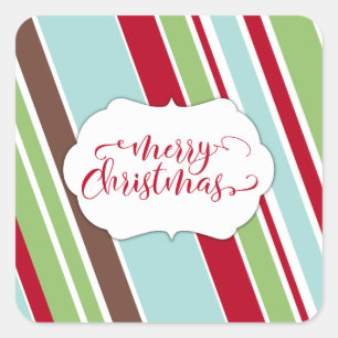 Rode Kersttypografie met diagonale strepen Vierkante Sticker