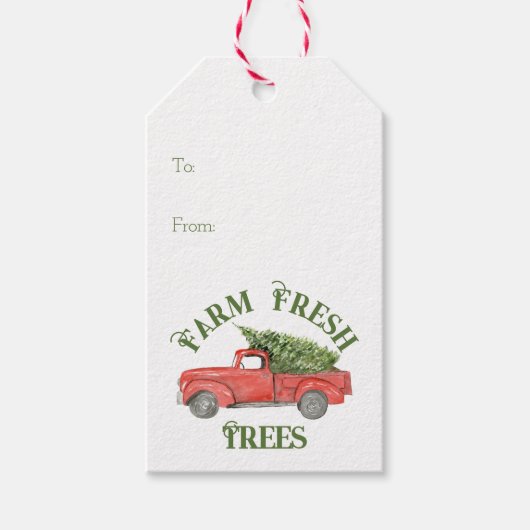 Rode Kerstwagen Boerderij Fresh Trees Cadeaulabel (Voorkant)
