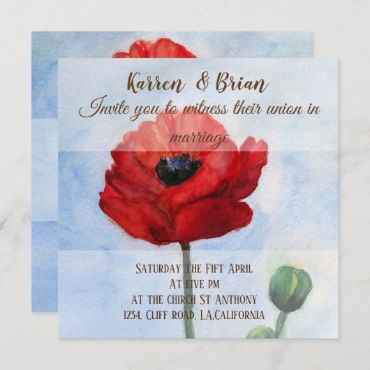 Rode Klaproos Aquarel Trouw Uitnodiging (Voorkant / Achterkant)