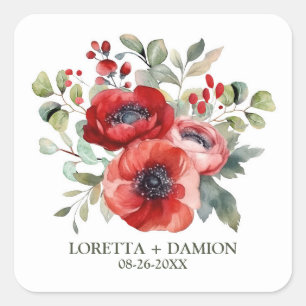 Rode klaproos bloemen bruiloft vierkante sticker