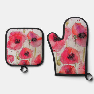 Rode klaproos bloemig bloempatroon papieren feestb ovenwant & pannenlap set