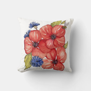 Rode Klaproos en Blauwe Korenbloem Aquarel Kussen