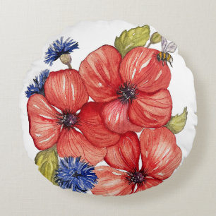 Rode Klaproos en Blauwe Korenbloem Aquarel Rond Kussen