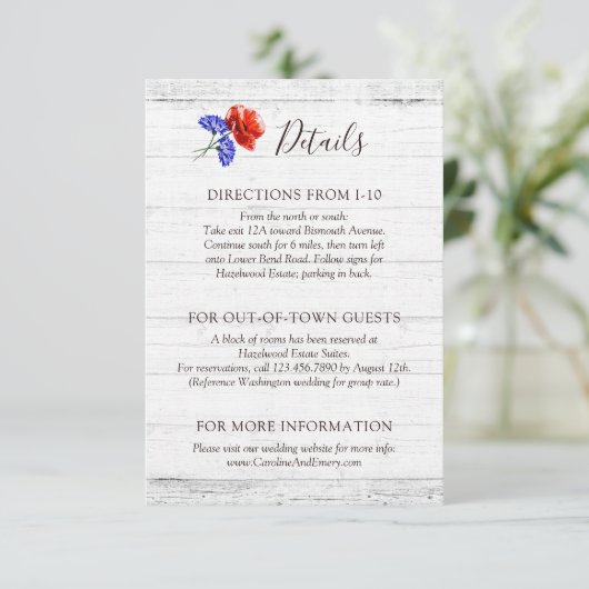 Rode klaproos & korenbloem rustieke details / rout informatiekaartje (Staand voorkant)