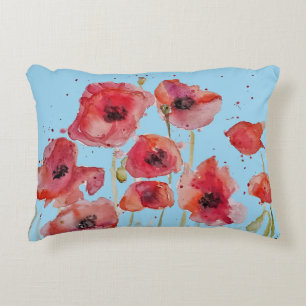 Rode klaproos op blauwe aquarel klaprozen accent kussen