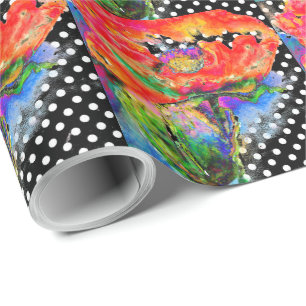 Rode klaproos zwart-wit stippenpatroon cadeaupapier