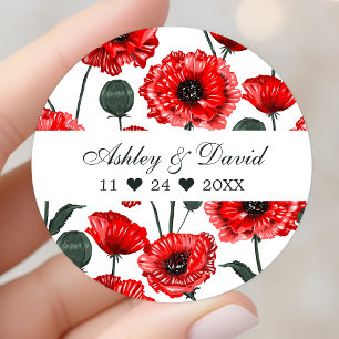 Rode Klaprozen Bloemen Persoonlijke Trouwdag Ronde Sticker