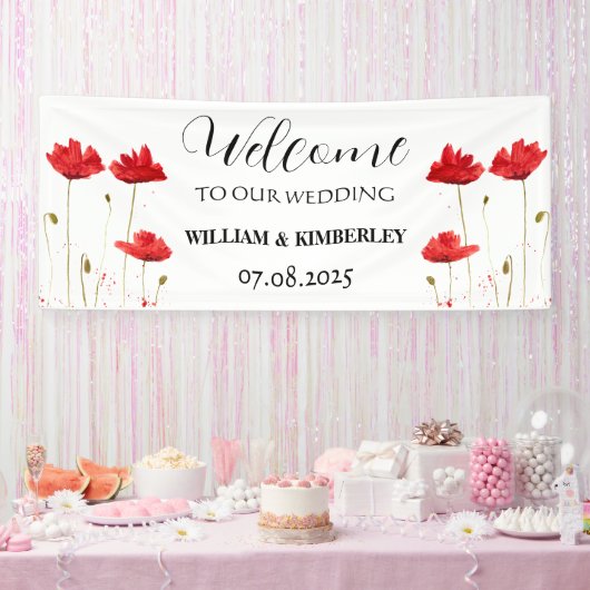 Rode klaprozen Bloemen Rustieke Elegante bruiloft Spandoek (Feest)