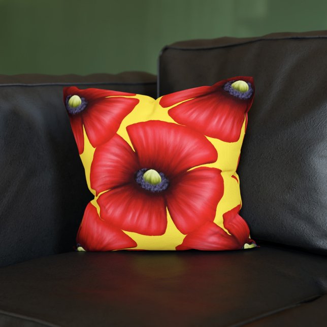 Rode klaprozen Bloempatroon Geel Sierkussen (Pop a poppy pillow on your sofa! This red and yellow modern floral design will look great on yours!)