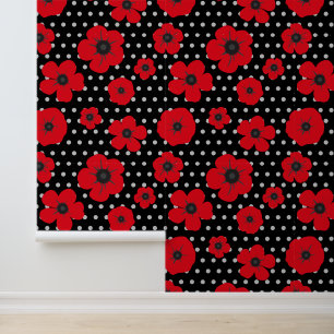 Rode klaprozen en polka dots Moderne bloemen Behang