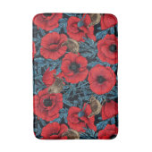 Rode klaprozen en wratten, blauwe bladeren op zwar badmat (Voorkant Verticaal)