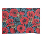 Rode klaprozen en wratten, blauwe bladeren op zwar kussensloop (Voorkant-Rechts)