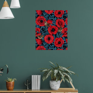 Rode klaprozen en wratten, blauwe bladeren op zwar poster