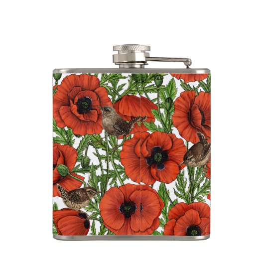 Rode klaprozen en wratten, groene bladeren op wit heupfles (Achterkant)