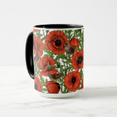 Rode klaprozen en wratten, groene bladeren op wit mok (Voorkant links)